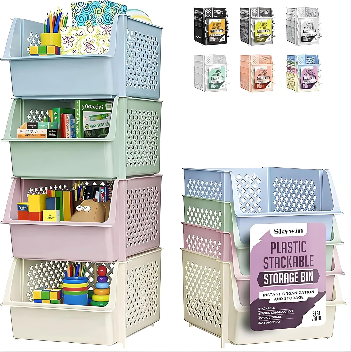 Skywin Stackable Storage Bins Open Front for Pantry Storage, 4 Pack – Multi