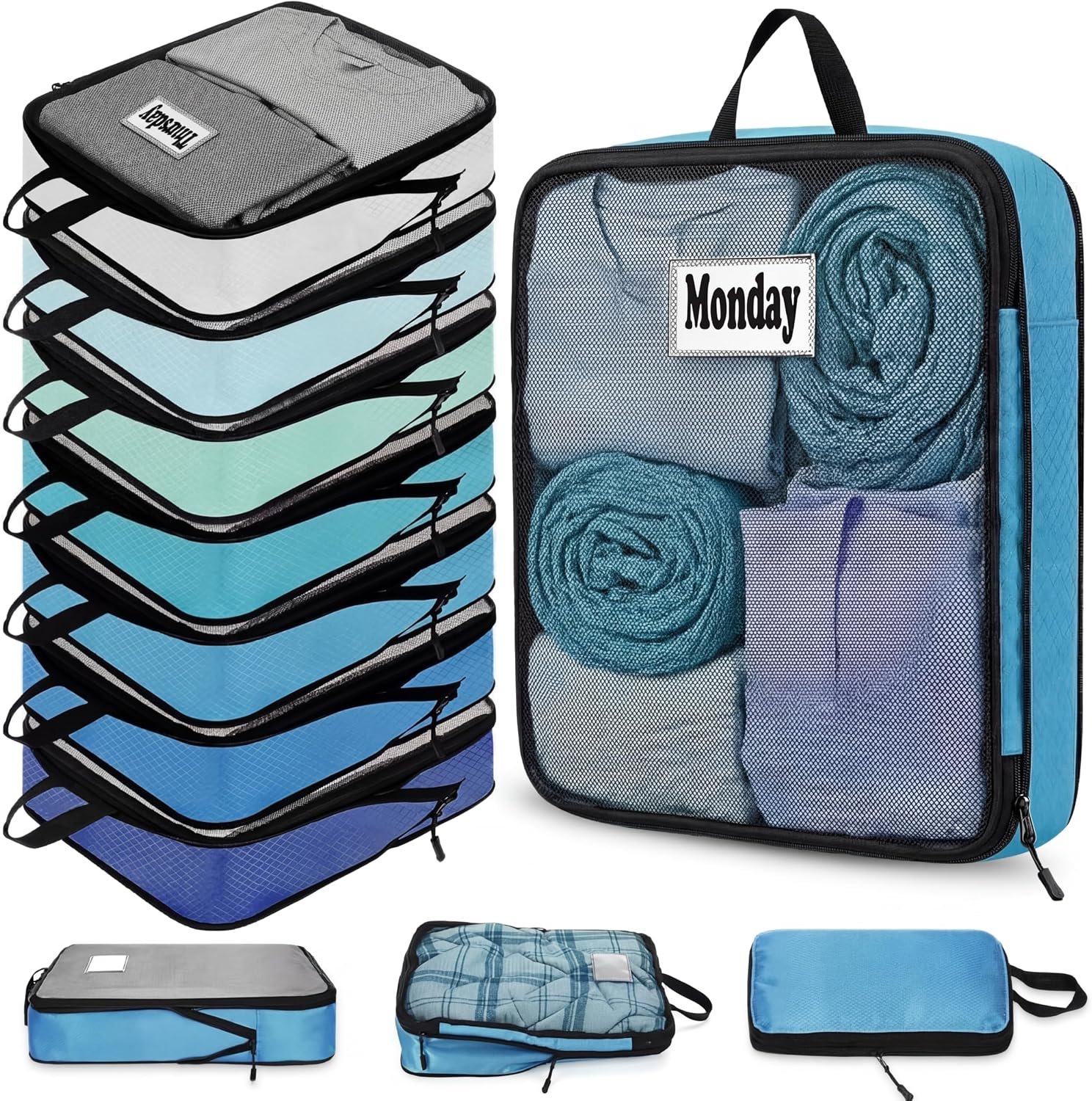7 Pcs Packing Cubes for Travel Days of Week, Blue, L