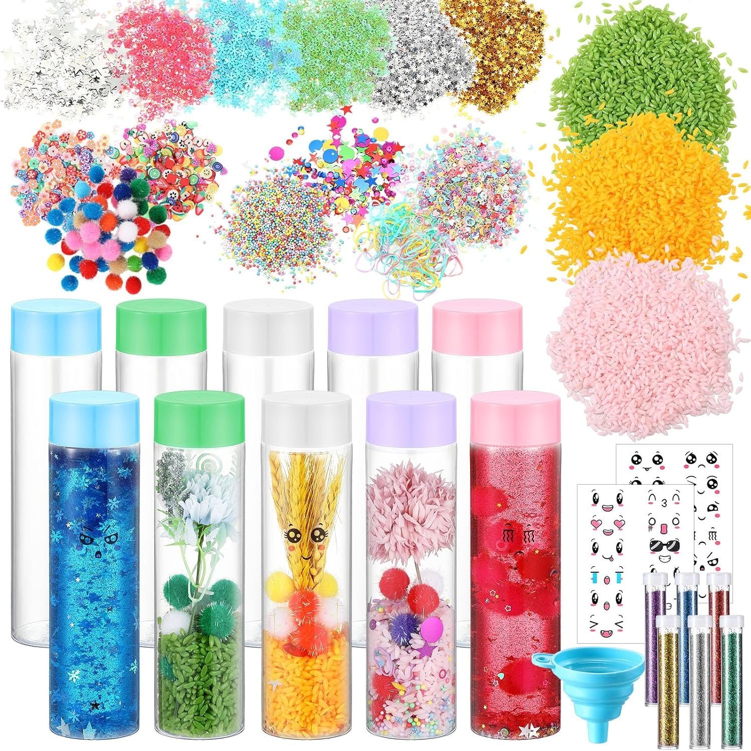 Baderke 10 Set Sensory Bottles Kits Valentine’s Day Party Supplies Empty Plastic Bottles Funnel Rice Stars Sequins Clay Slices Stickers Glitter Powder Colored Foam Balls for DIY Art Fun Crafts