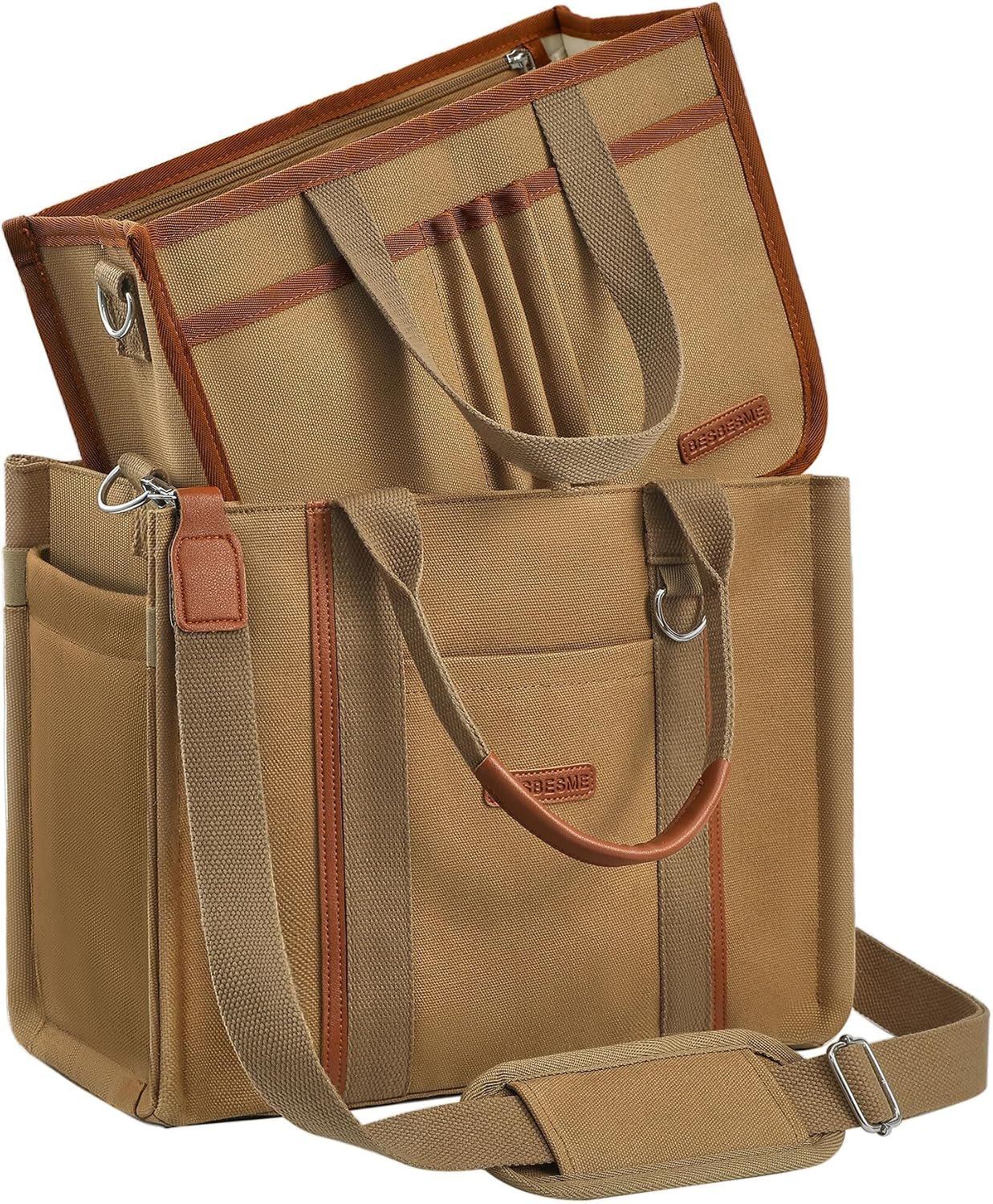 BESBESME Women’s Canvas Tote Bag with Zipper and Compartments – Multi-Pocket Laptop Work Crossbody Shoulder Tote Purse
