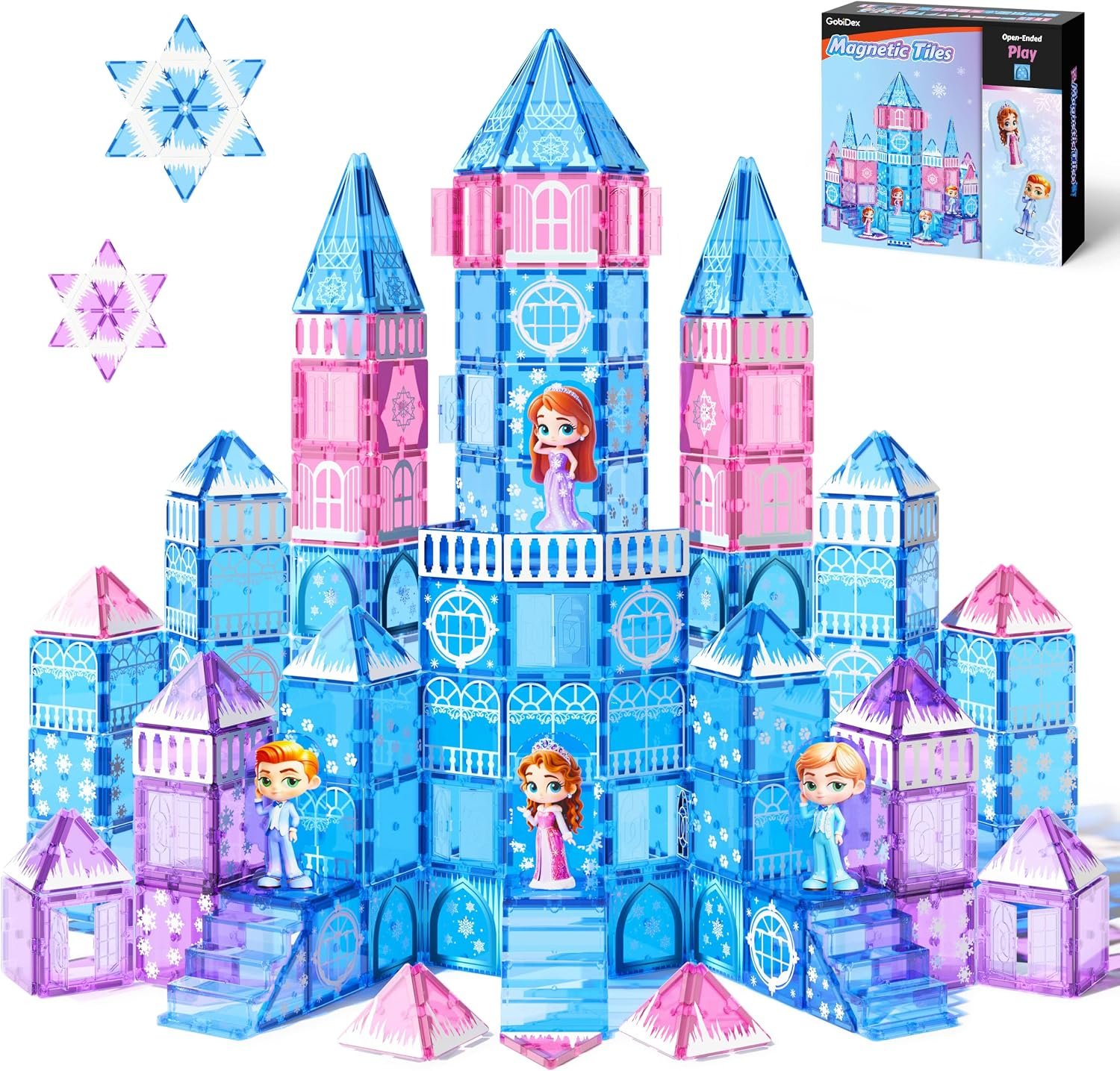 GobiDex 100PCS Magnetic Tiles Princess Castle Set with 4 Dolls & Stairs