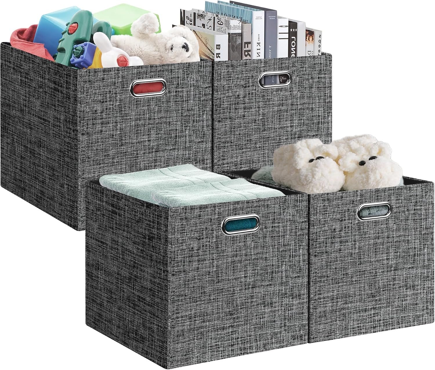 Posprica 13x15x13in Collapsible Storage Bins, Fabric Foldable Cube Storage Boxes, Decorative Storage Baskets Organizer for IKEA Kallax, Shelves, Closet, Clothes, Set of 4-Black
