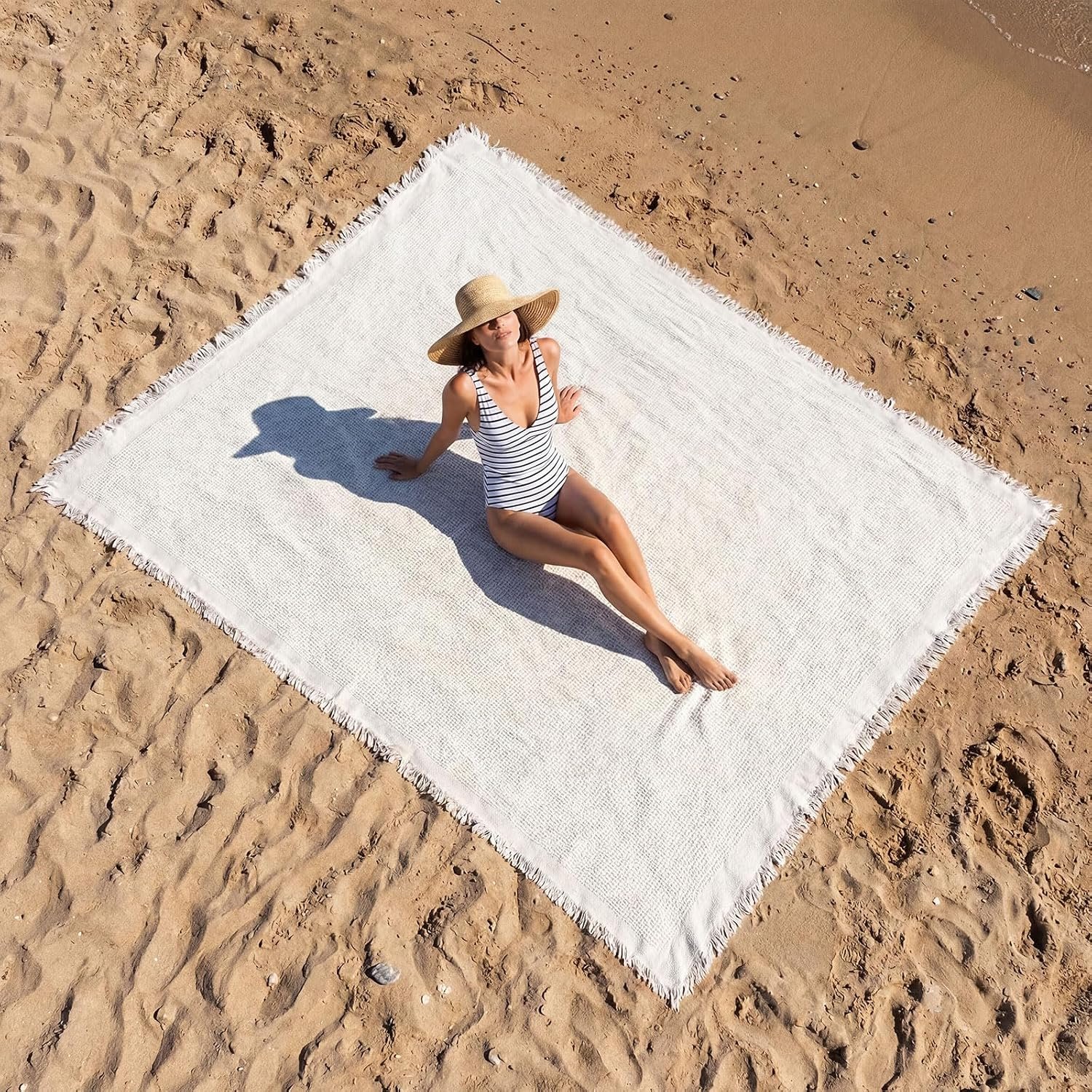 91×71 in Beach Blanket Picnic Blanket Cotton, Milky White, Waffle