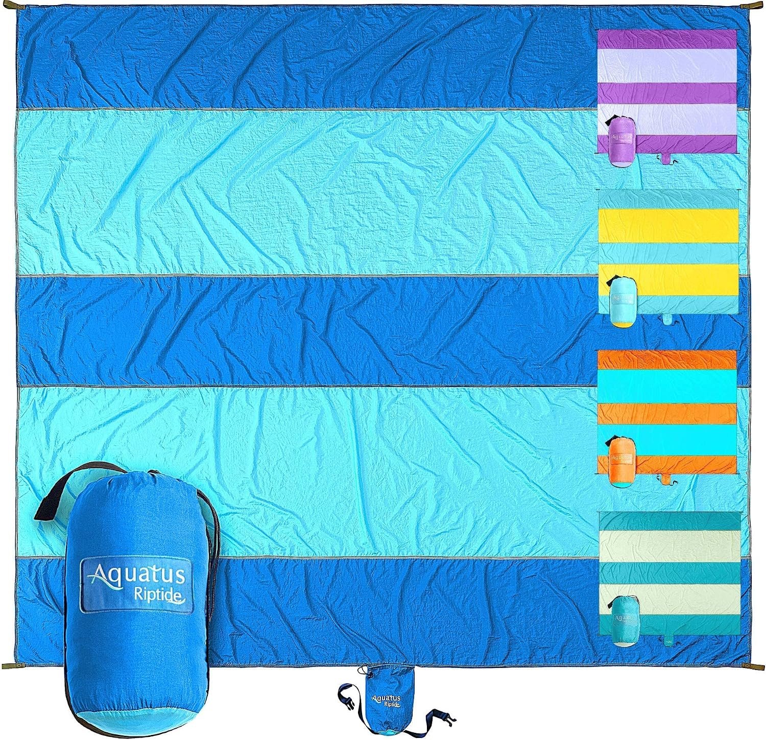 Extra Large Beach Blanket Waterproof Sandproof – XXL Oversized Beach Mat 10ft x 9ft Fits up to 8 Adults – Quick Dry Travel Blanket with 4 Stakes, Corner Pockets, Strap and Attached Bag