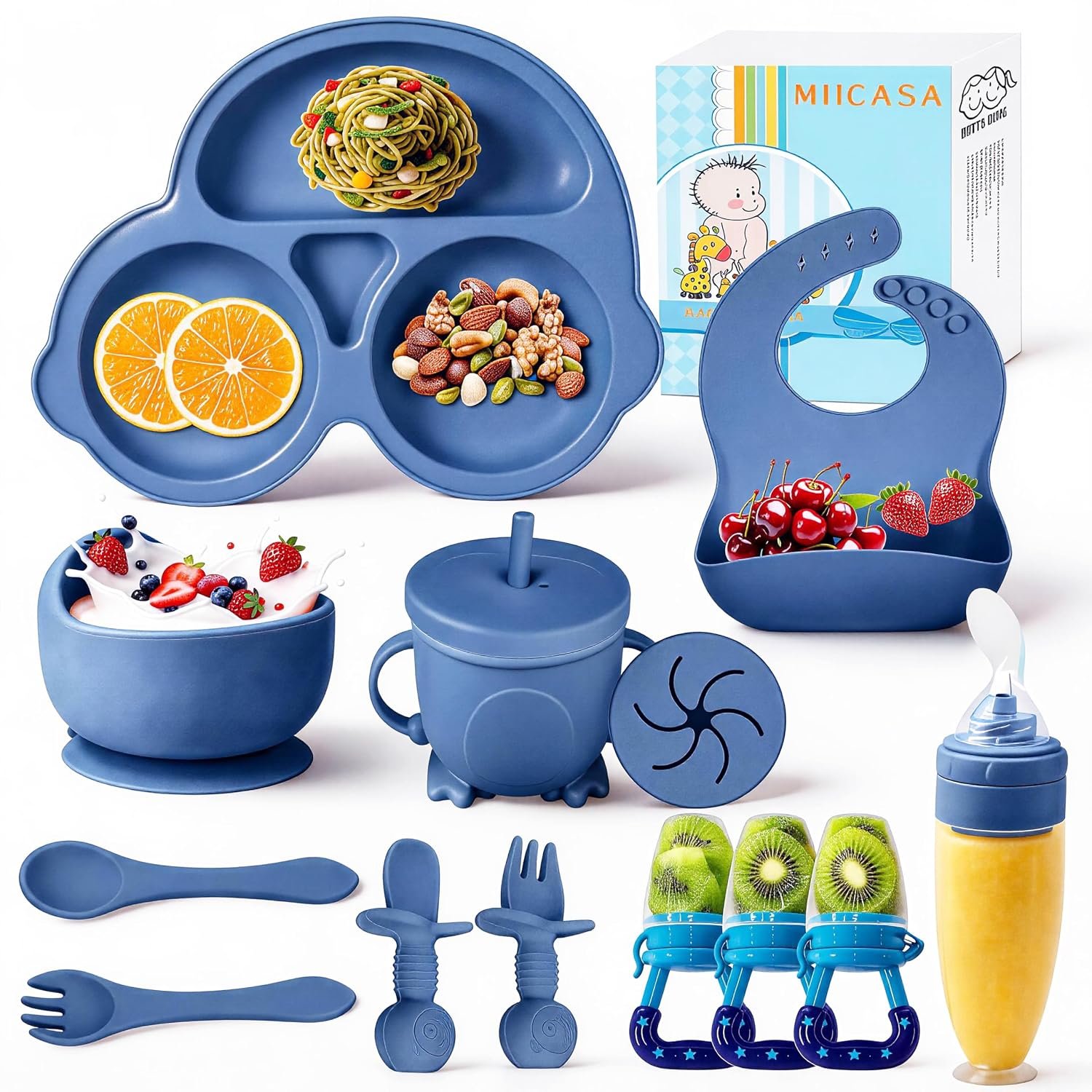 Silicone Baby Feeding Set,Miicasa Baby Led Weaning Supplies Kit With Suction Bowl & Car Plate, Bib, Spoon, Fork, Cup – Food-Grade Silicone, Dishwasher-Safe, No BPAs – For 3+ Months