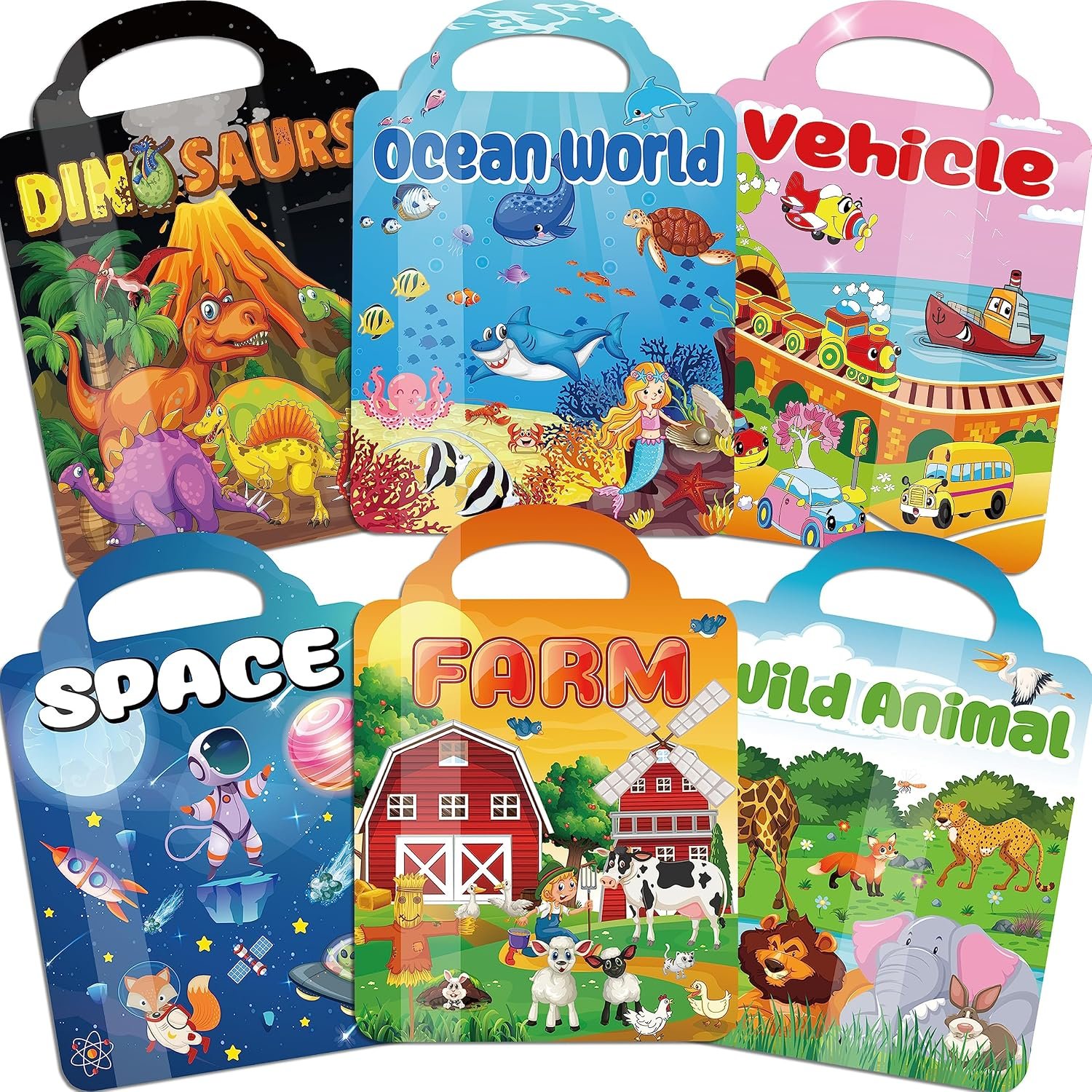 Kalysky 6Set Puffy Sticker Books for Kids 2-4, 3D Reusable Stickers Books for Toddlers 1-3 2-4,Farm+Animal+Dinosaurs+Ocean World+Space+Vehicle