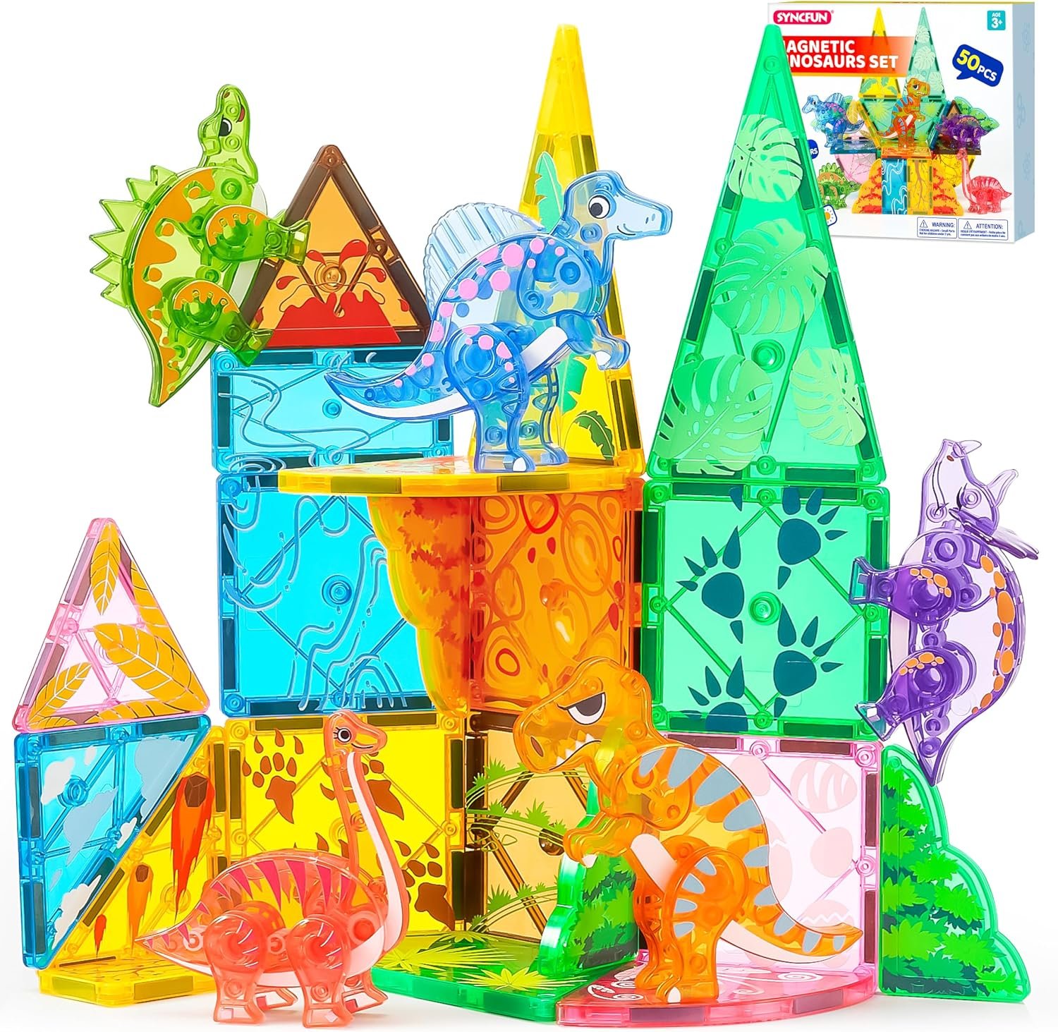 SYNCFUN Magnetic Building Tiles Dinosaur Set for Kids, 50PCS Including 5 Cute Dinosaurs, Educational STEM Toy for Boys & Girls Ages 3-5 4-8, Christmas Birthday Party Gift