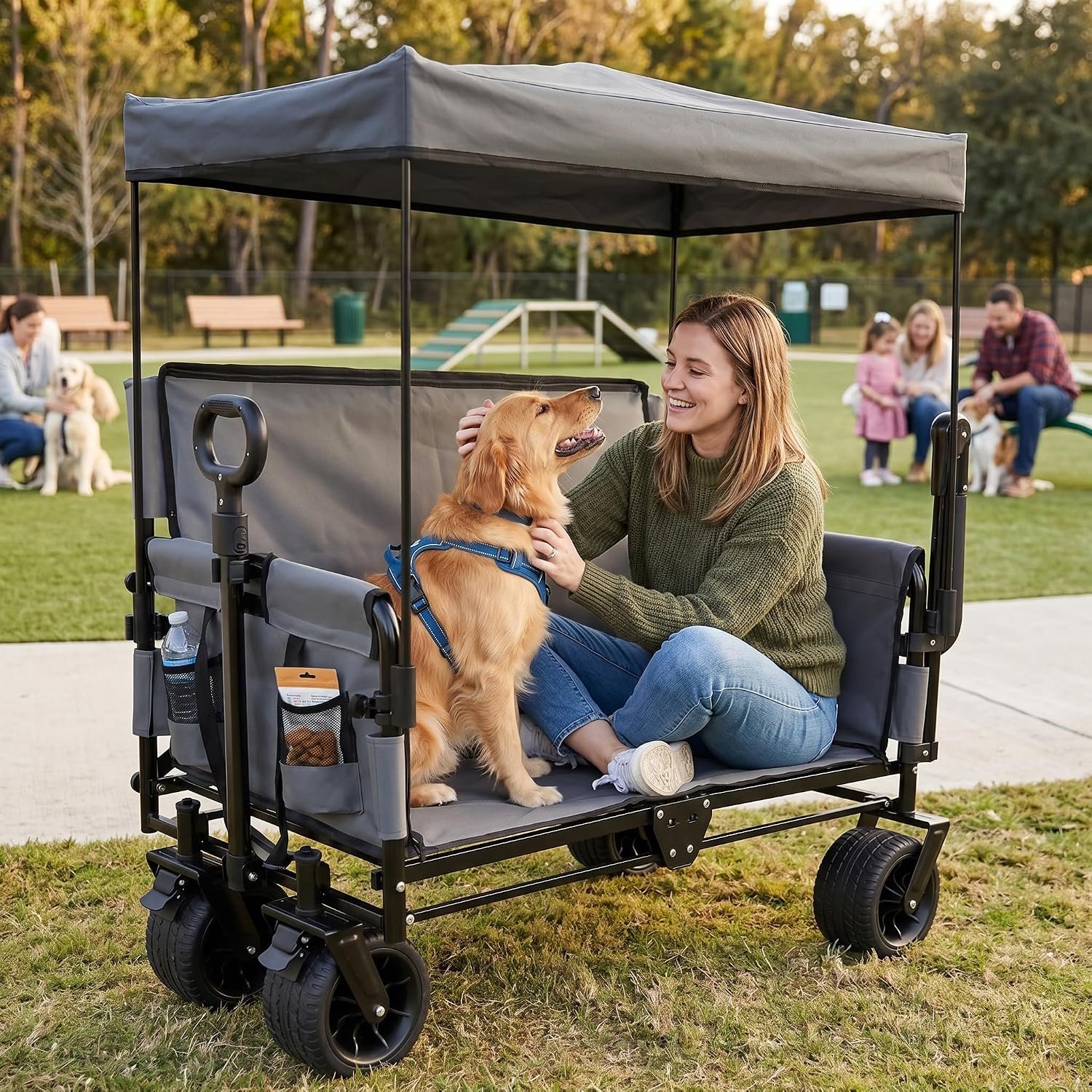 Collapsible Beach Utility Wagon Cart Seat, Heavy-Duty with Canopy