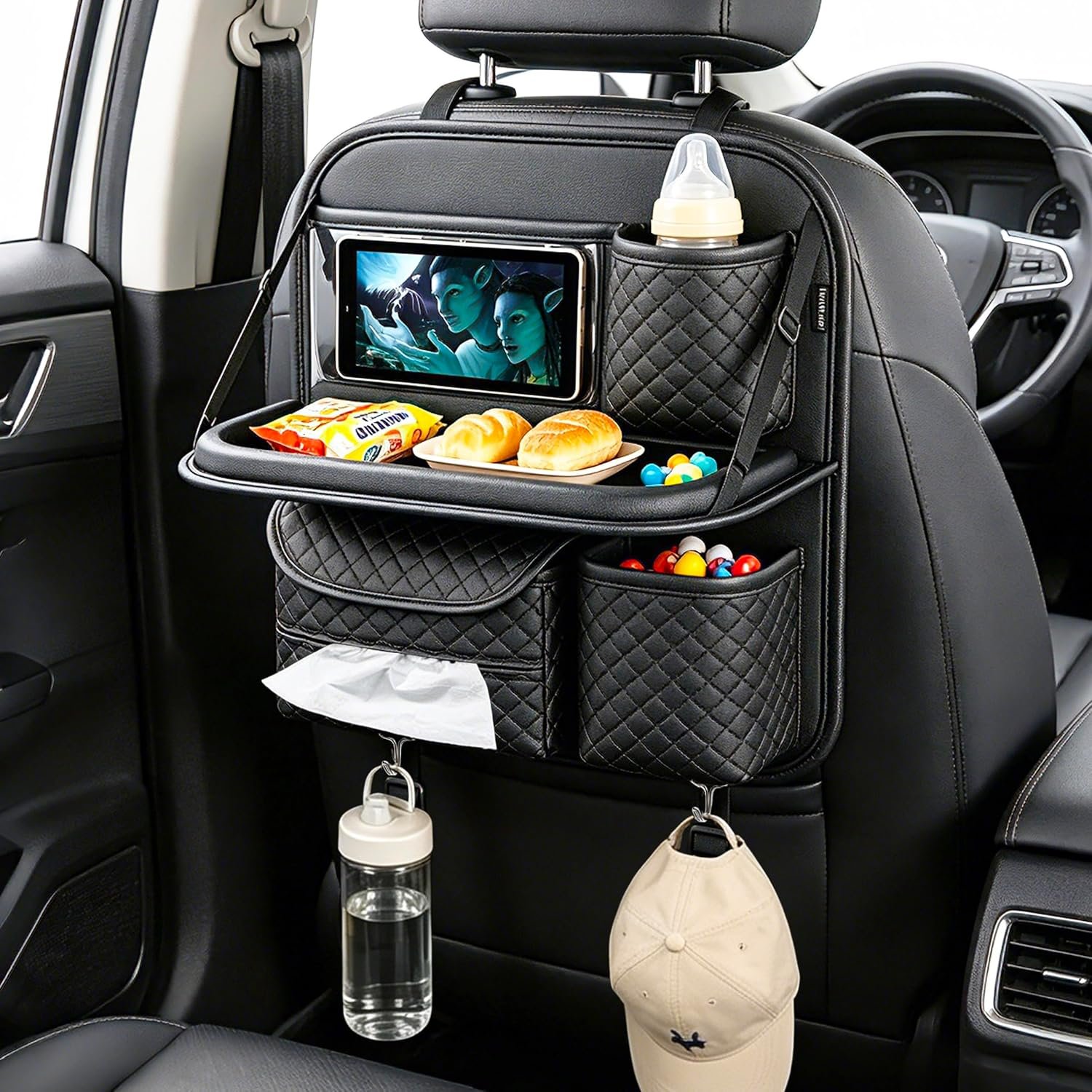 PU Leather Backseat Car Organizer with Foldable Tray & Tablet Holder Black