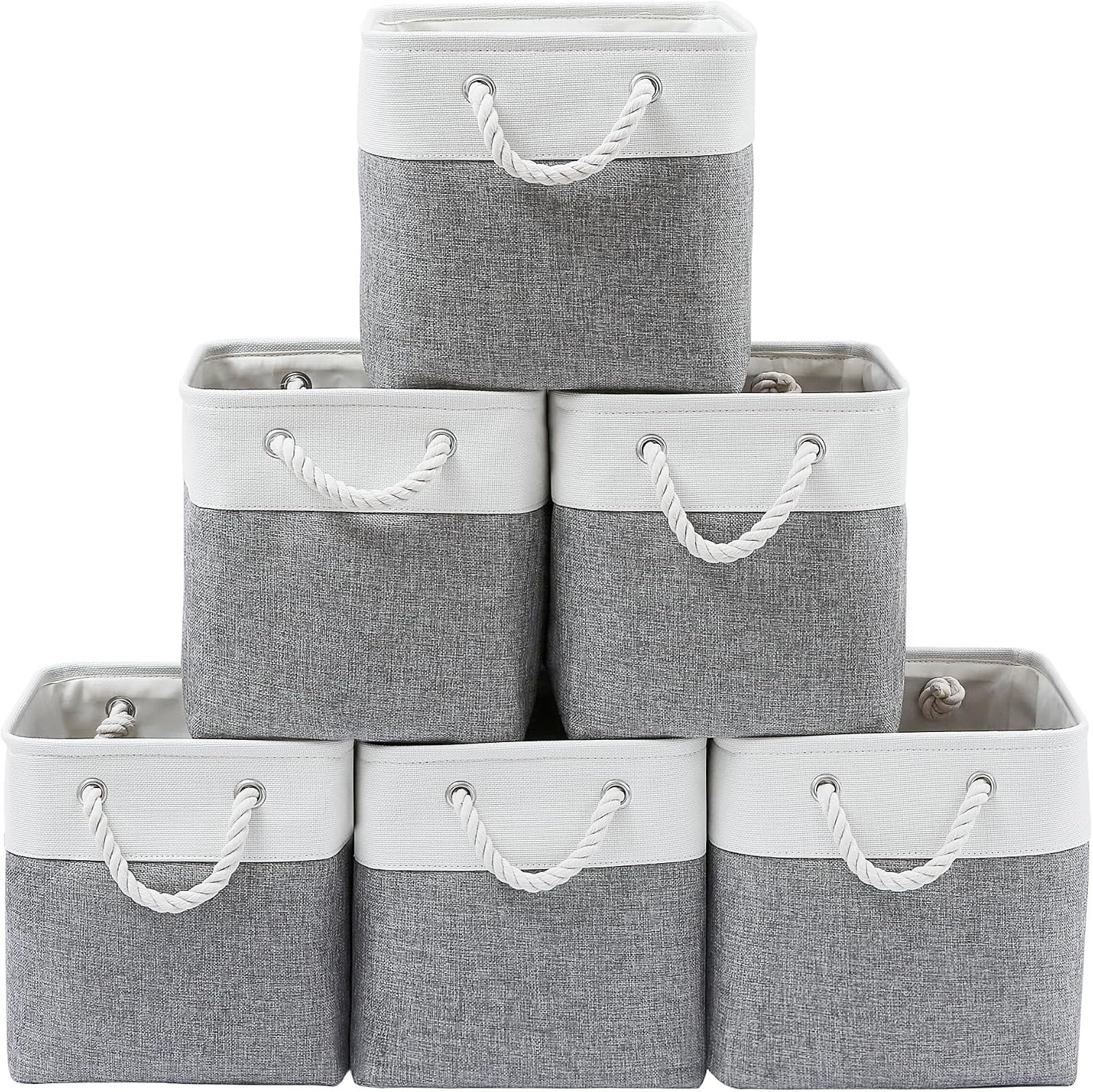 MidmmVick 13 x 13 Inch Cube Storage Bins, 6 Pack Extra Large Collapsible Fabric Storage Bin with Ropes, Foldable Storage Cubes for Home (White & Grey-13″x13″x13″)
