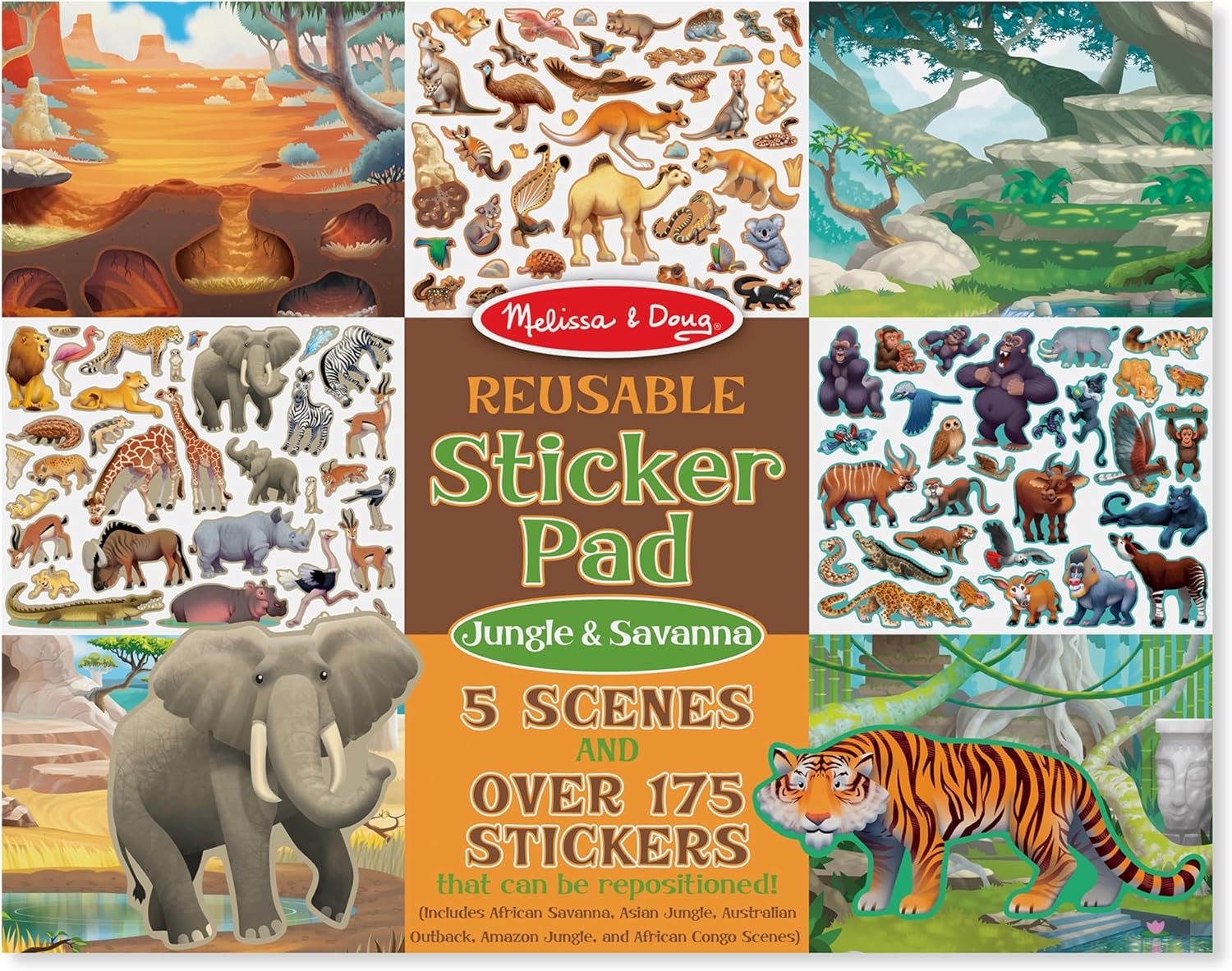 Melissa & Doug Reusable Sticker Pad: Jungle and Savanna – 175+ Stickers, 5 Scenes