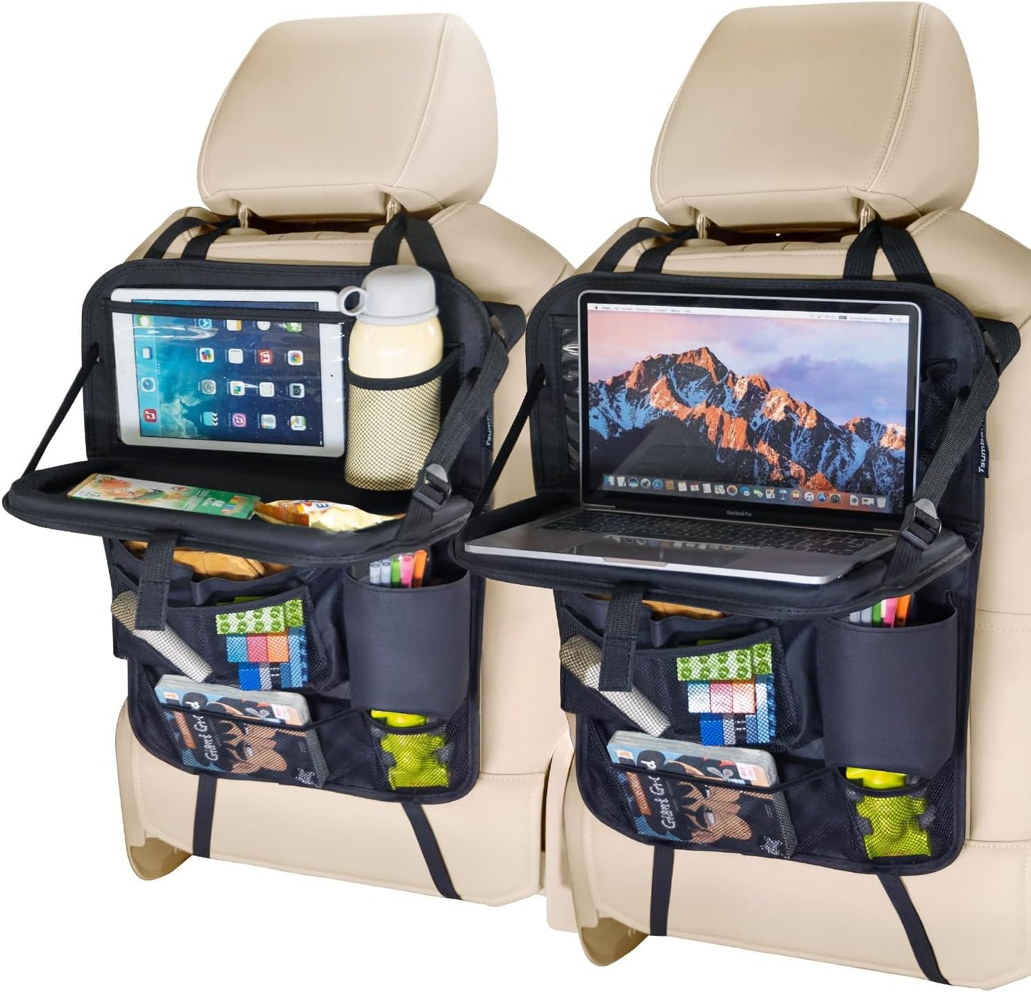 Tsumbay Backseat Car Organizer with Foldable Tray, 9 Pockets, Kick Mat Seat Protector, 18KG Capacity, Waterproof Oxford Fabric for Kids, Family Travel – for Car, SUV, Van (Oxford-2Pck)
