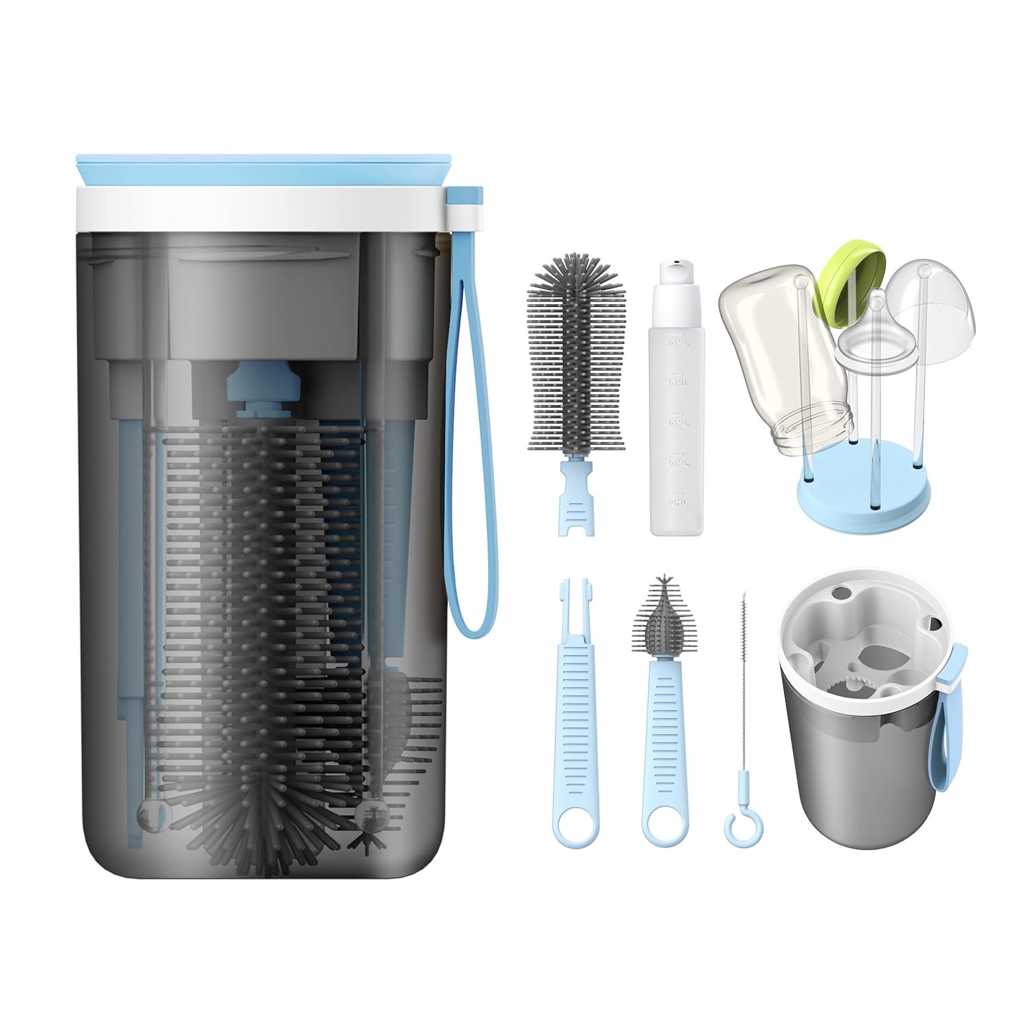 YOTIME 6 in 1 Travel Bottle Cleaner Kit with Bottle Drying Rack, Blue