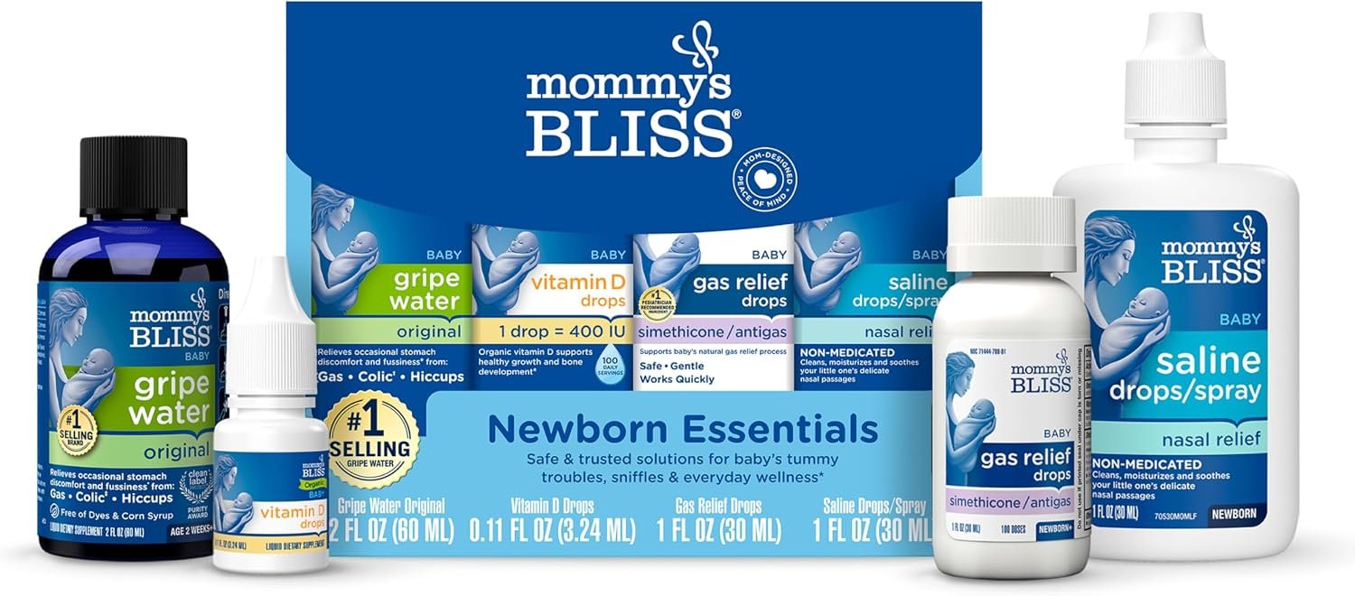 Mommy’s Bliss 4-Piece Newborn and Baby Essentials Kit – with Gripe Water, Gas Relief Drops, Vitamin D 400IU, and Saline Drops/Spray – The Perfect Baby Gift.